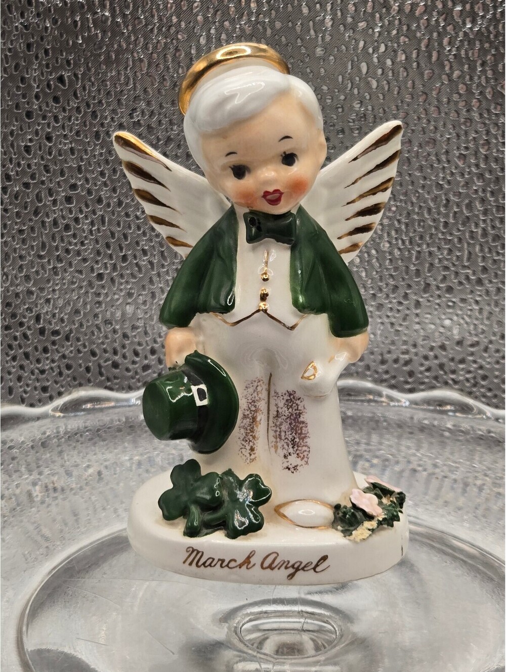 Napcoware birthday boy March Angel Figurine, Shamrocks and green hat, St Patrick